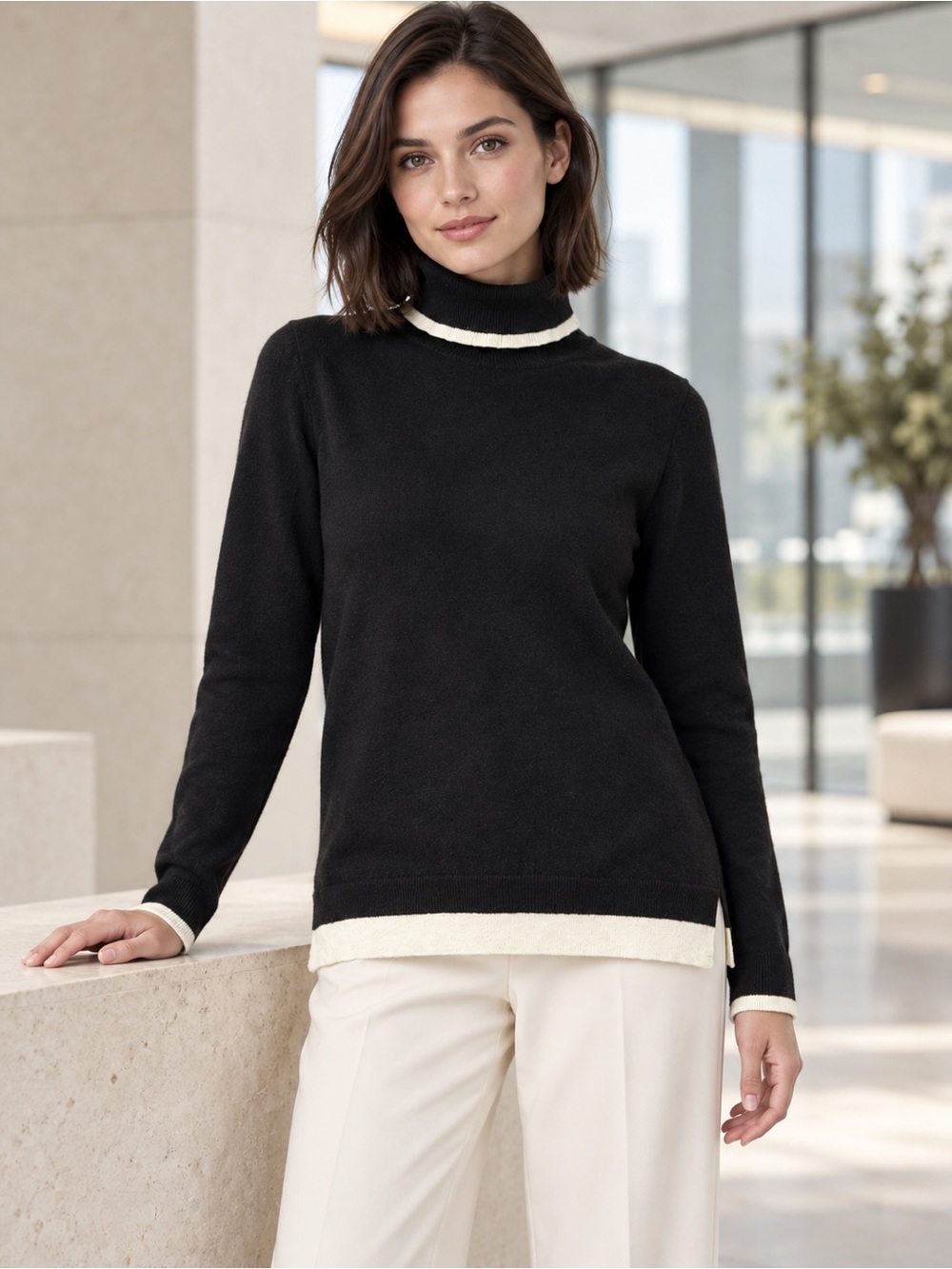 Charter Club Turtleneck Sweater Women Luxury Black Ivory 100% Cashmere Size M